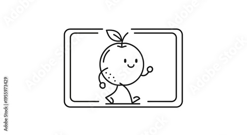 Cute Orange Character Walking in a Frame, Funny Fruit Mascot, Simple Line Art