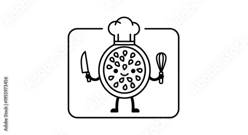 Cute Passion Fruit Chef Character Holding Knife and Whisk, Cartoon Food Icon