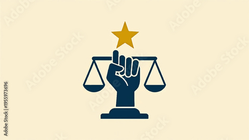 Justice scale with hand and star on top symbolizing fairness and excellence in law
