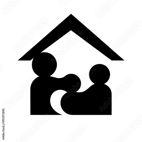 Creative vector icon combining house shape with family silhouette inside, representing home, safety, and togetherness, flat modern style