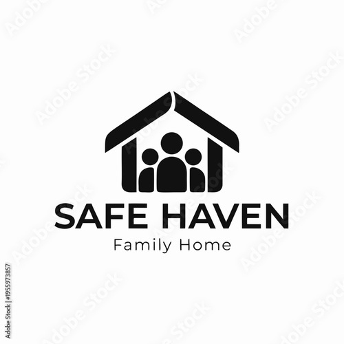 Creative vector icon combining house shape with family silhouette inside, representing home, safety, and togetherness, flat modern style