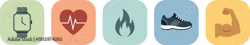 Minimal Fitness and Health App Icons with Smartwatch, Heart Rate, Flame, Running Shoe, and Muscle Symbols for Workout Tracking and Wellness Interface Design