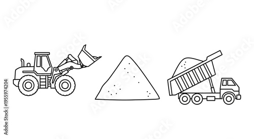 Heavy construction vehicles and sand pile.