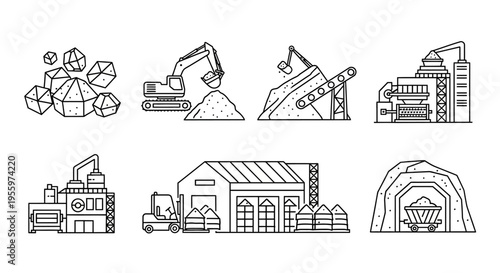 Industrial Construction Site Equipment Icons.