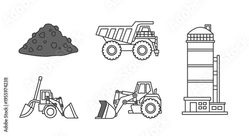 Construction vehicles and industrial equipment.
