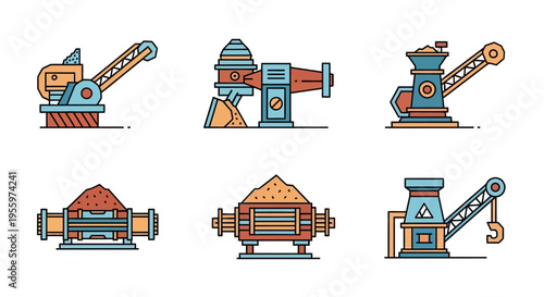 Industrial machinery and equipment icons set.
