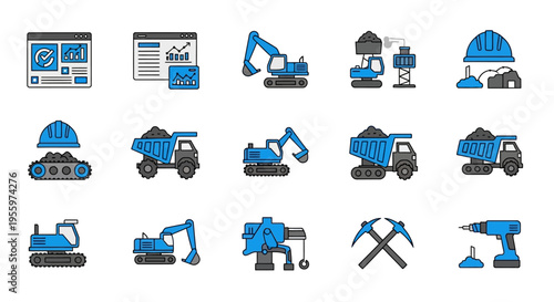 Various construction excavator machines icons.