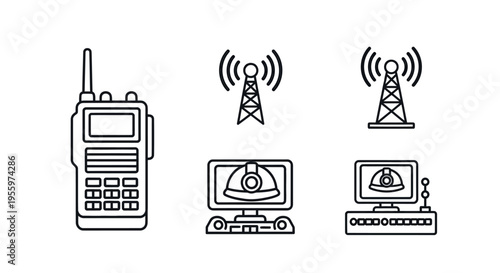 Communication devices and technology icons.
