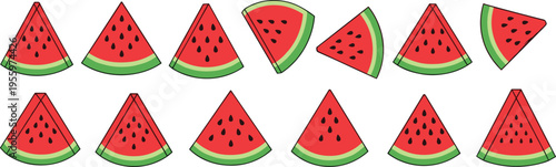 Watermelon Slice Cartoon Set with Different Angles and Shapes, Fresh Summer Fruit Illustration Collection for Food Design, Stickers, Packaging, and Healthy Lifestyle Graphics