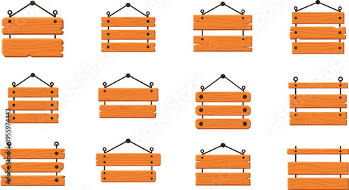 Rustic Wooden Hanging Signboard Collection with Rope and Plank Styles, Cartoon Wood Board Set for Shop Signs, Labels, Direction Boards, and Decorative Design Elements