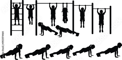 Kids playground fitness silhouettes children doing pull ups push ups and climbing bars outdoor exercise activity set