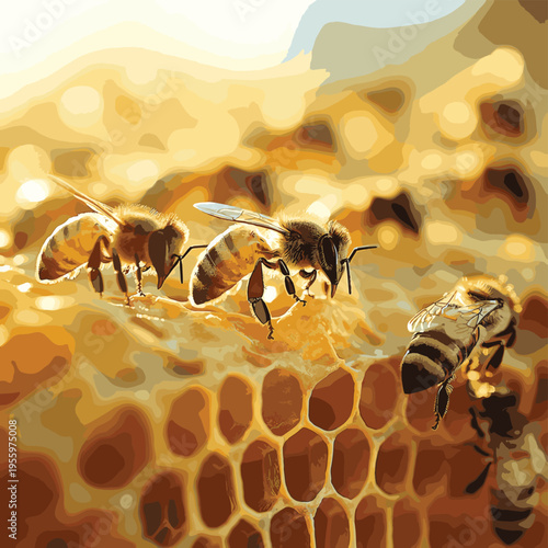 Close-up of honeybees on a honeycomb, with sunlight and shallow depth of field , vector style simple color
