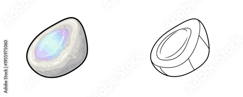 Polished moonstone gemstone vector illustrations shown in colored cartoon and black outline linear styles, milky white and soft grey translucent hues with a glowing blue and violet adularescence sheen