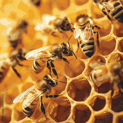 Close-up of honeybees on a honeycomb, with sunlight and shallow depth of field , vector style simple color