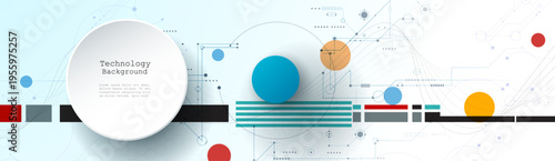 Vector illustration abstract modern technology design. White circle, geometric shape, wave wireframe line pattern and circuit board on white - grey background. Technology concept for banner, template
