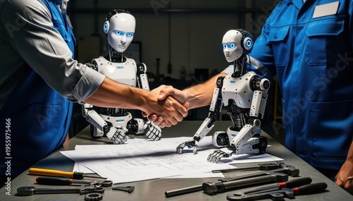 Tech Partnership: Two professionals shake hands as the two robot watches over the blueprints for new project, symbolizing the human-machine collaboration of the future.
