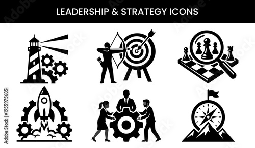 Leadership and strategy icon set representing strategic thinking and achievement