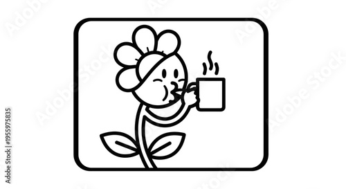 Cute Flower Character Drinking Hot Beverage from Mug, Cartoon Style