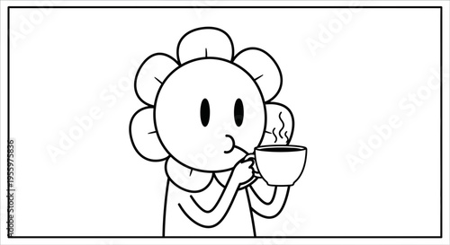 Cute Flower Character Drinking Hot Coffee from a Cup, Animated Style