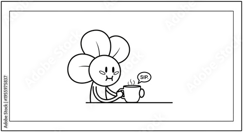 Cute Flower Character Enjoying a Hot Drink with Steam and "Sip" Bubble