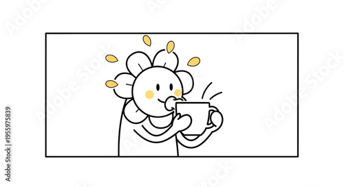 Cute Flower Character Enjoying a Hot Drink with Falling Petals