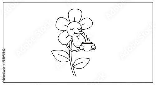 Cute Flower Drinking Coffee, Cartoon Character, Morning Energy