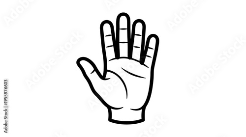Simple black and white line drawing of a human hand with five fingers open and palm facing forward, an iconic gesture.