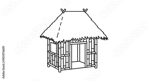 Hand-drawn sketch of a traditional bamboo hut with thatched roof, tropical dwelling outline