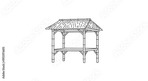 Hand-drawn sketch of a traditional bamboo gazebo with a thatched roof, isolated on white background.