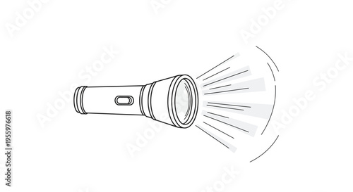 Handheld flashlight emitting a bright beam of light, isolated on white background, line art illustration