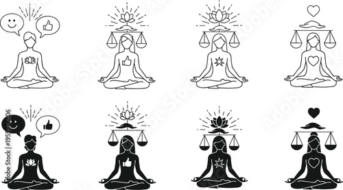 Meditation and mindfulness icons set, woman practicing yoga meditation with balance and wellness symbols isolated line and silhouette collection
