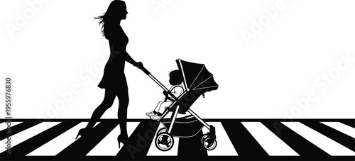 Mother pushing baby stroller silhouette, woman crossing street crosswalk, parent walking with child, family lifestyle vector illustration