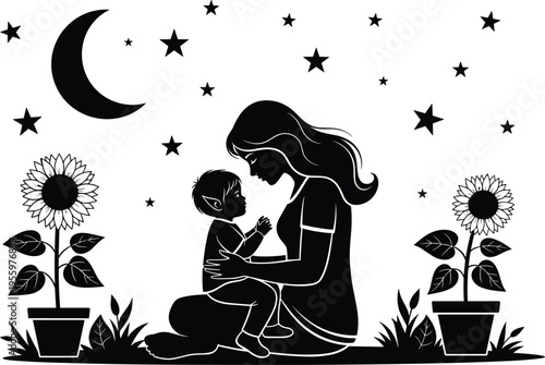 Mother and child loving silhouette under moon and stars with sunflowers, maternal bond, night sky, motherhood, tenderness illustration peaceful family