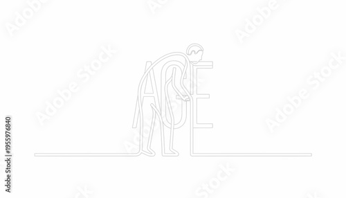 Elderly Man Walking with Walker, Minimalist Line Art, Concept of Aging and Support