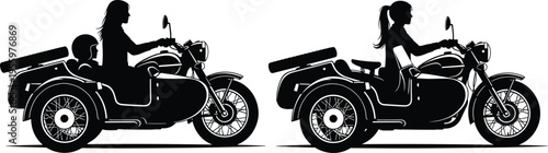 Motorcycle with sidecar silhouette, woman rider biker transport concept, vintage motorbike travel adventure, road trip vehicle vector illustration