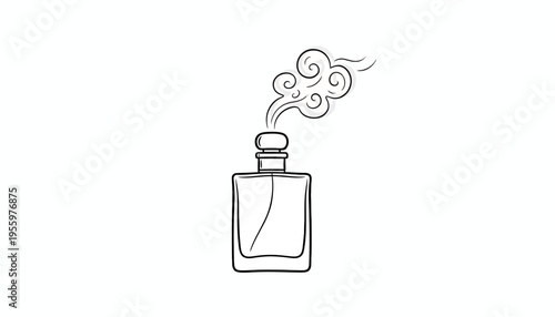 Elegant perfume bottle with swirling scent vapor, minimalist line art illustration