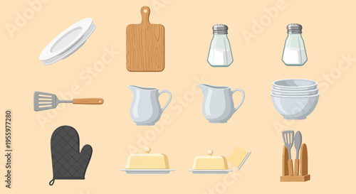 Illustration depicts a kitchen scene with various utensils and food items on a table indoors.