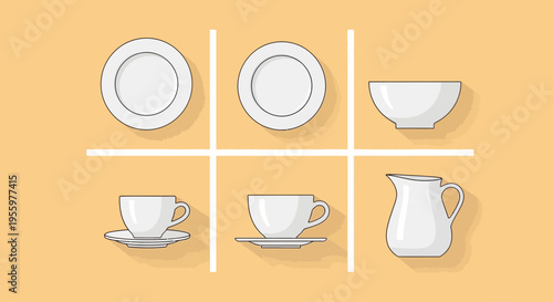 A minimalist kitchen setup with plates, cups, and utensils on a table indoors.