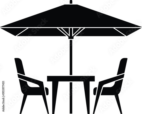 Outdoor patio table set, garden umbrella silhouette, cafe terrace furniture, restaurant seating icon, backyard dining concept, minimalist black vector