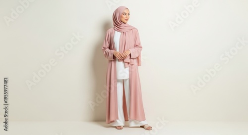 A woman wearing a pink hijab and long robe stands against a plain wall.
