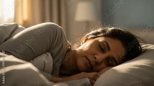 South Asian Woman Sleeping Peacefully in Bed with Morning Sunlight, Circadian Rhythm Health
