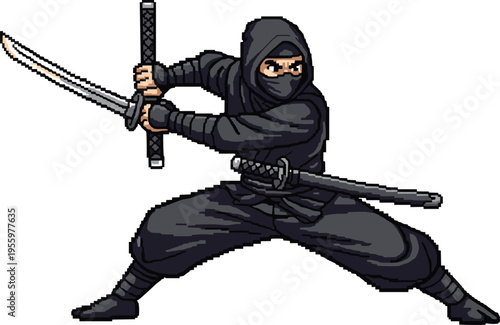 Pixel art ninja illustration, traditional black attire, katana sword combat stance, martial arts warrior, stealth fighter, dynamic Japanese culture artwork