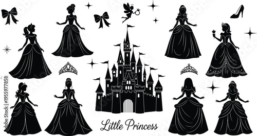 Princess silhouette collection, fairy tale castle, elegant gown, tiara figure, fantasy royalty, decorative elements, childhood story art illustration design