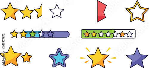 Star Rating and Review Icon Set with Five Star Scale, Feedback Levels, Favorite Symbols and User Rating Elements Vector Illustration Collection