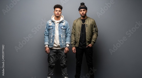 Two men standing side by side wearing casual clothing indoors
