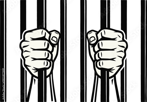 Prison bars hands illustration, confinement silhouette artwork, incarceration symbol design, justice punishment concept, criminal law graphic, restriction and imprisonment icon