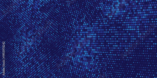 Blue glowing pixel dots background with curved halftone pattern. Abstract dark navy gradient, modern digital style