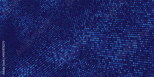 Blue luminous dotted background with circular halftone texture. Curved abstract grid, dark navy technology theme