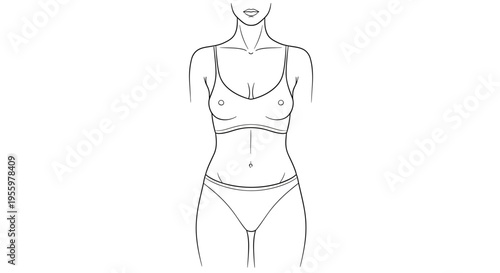 Woman's Body Silhouette Line Art Illustration: Bra and Panties, Minimalist Fashion Sketch