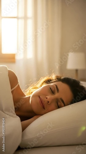 Peaceful young woman sleeping in bed with morning sunlight, holistic sleep wellness concept